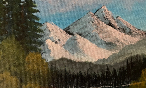 Oil painting of snowy mountains behind a dark forest under a blue sky.