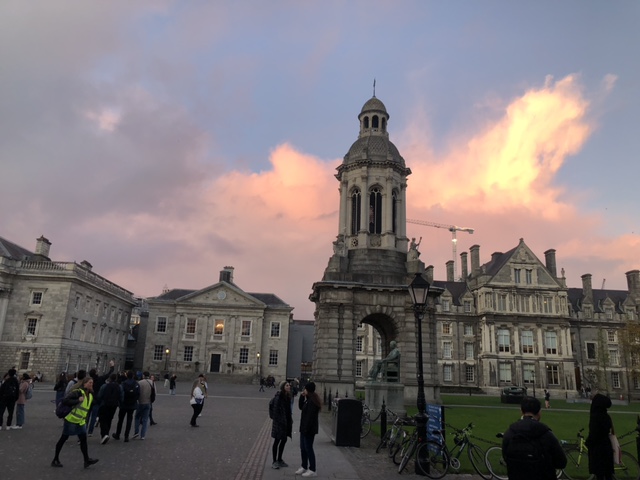 Twilight sky over the historical architecture of Trinity College Dublin.