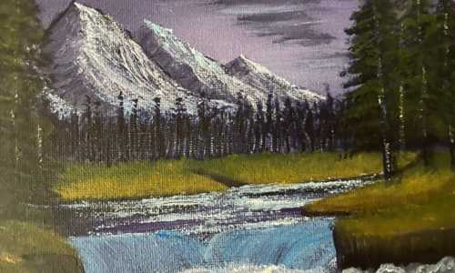 Painting of a river flowing through a meadow with pine trees and snow-capped mountains.