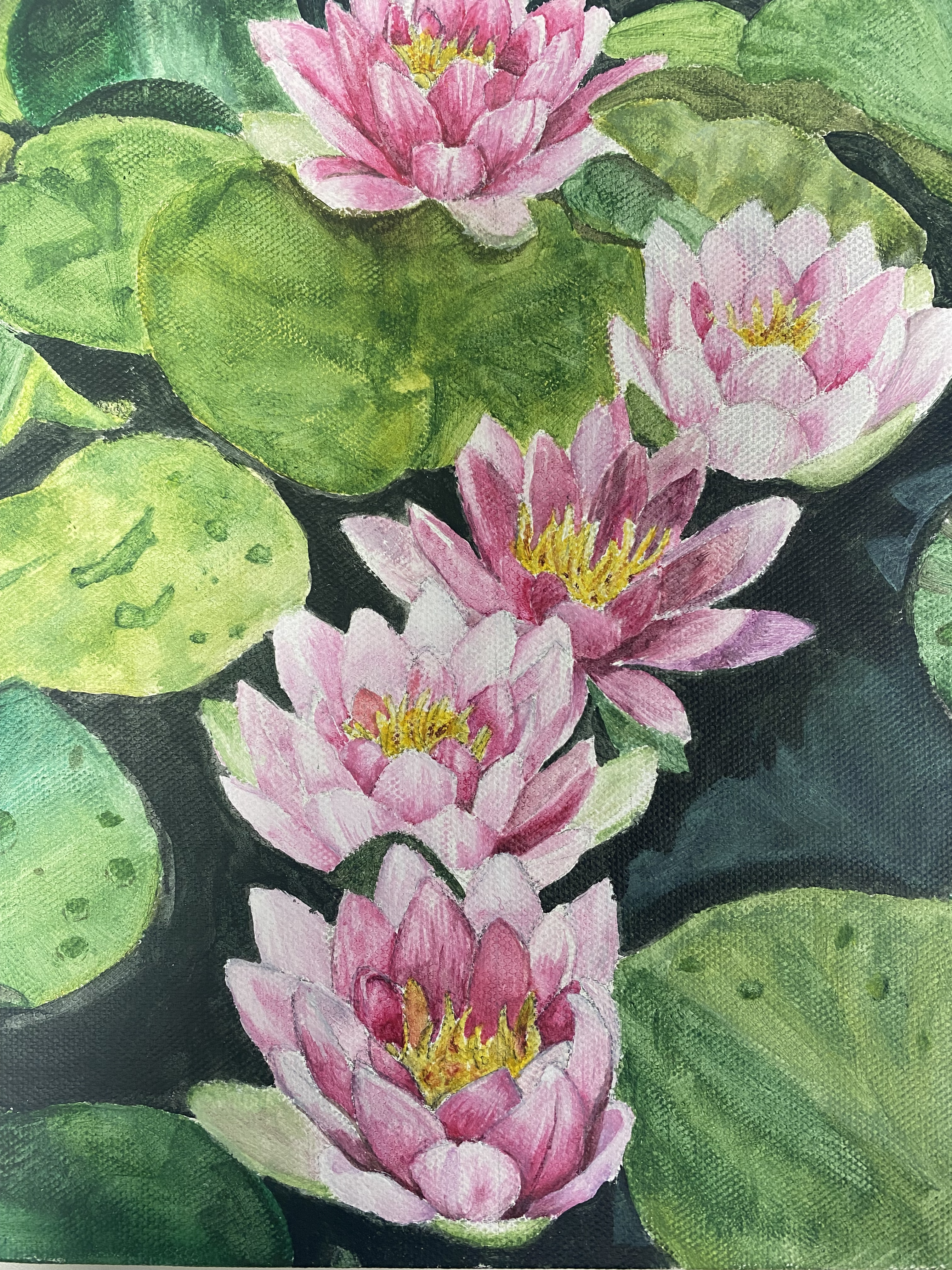 Watercolor painting of pink lotus flowers with green lily pads on water.