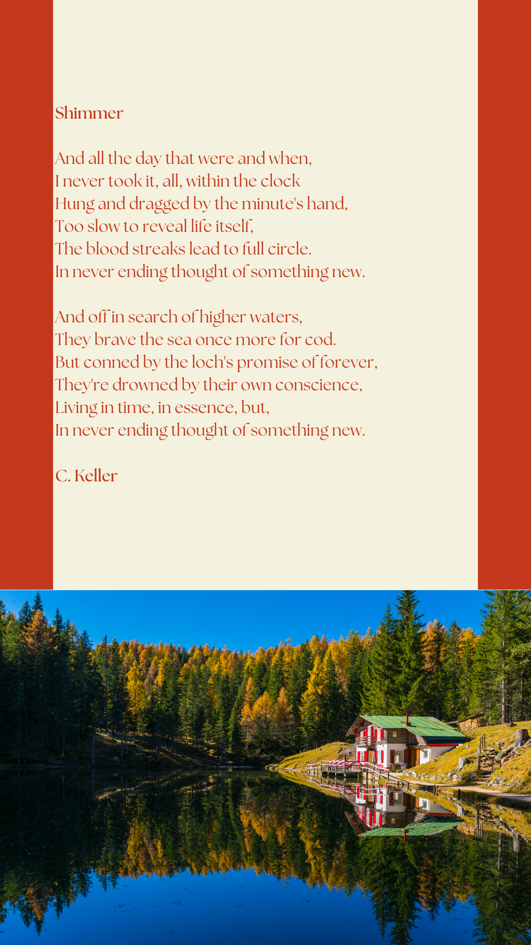 Poem titled 'Shimmer' in red text over a beige background, paired with an image of a serene lake