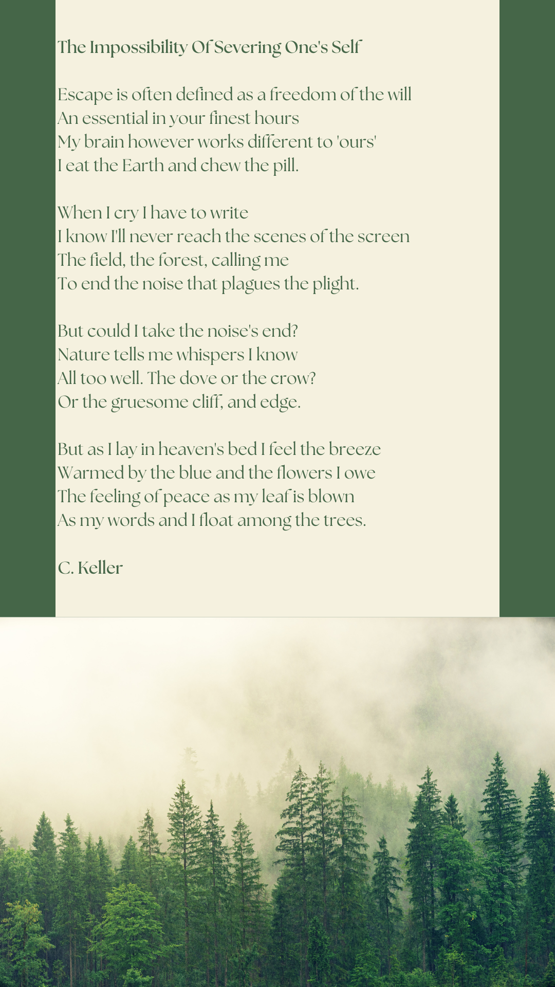 Poem titled 'The Impossibility Of Severing One's Self' in green text over a beige background