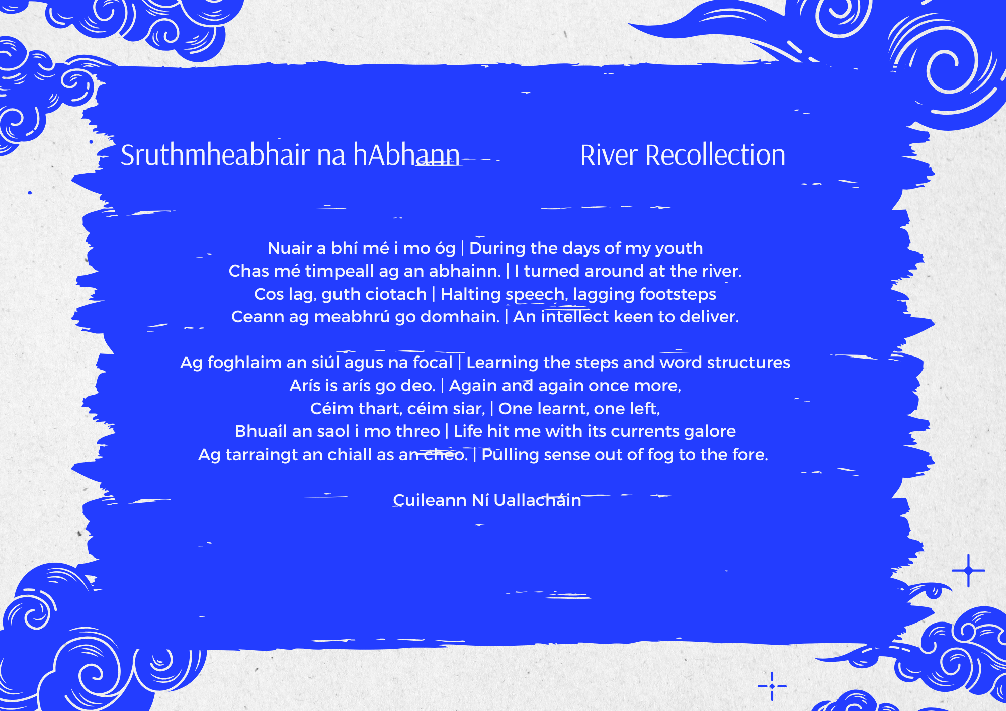 This image features a bilingual poem titled Sruthmheabhair na hAbhann (River Recollection)