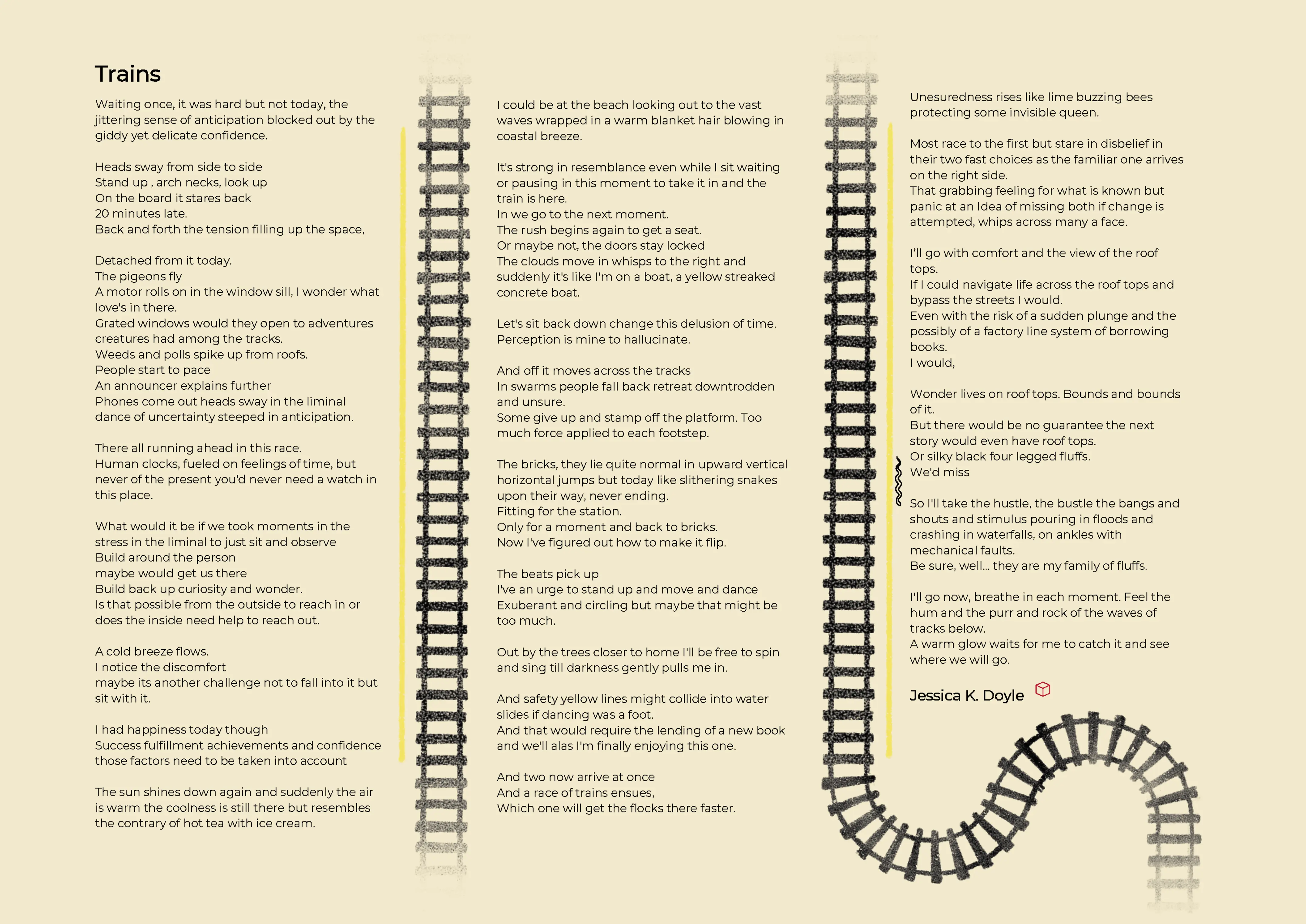 poem titled 'Trains' set against a beige background with train track illustrations