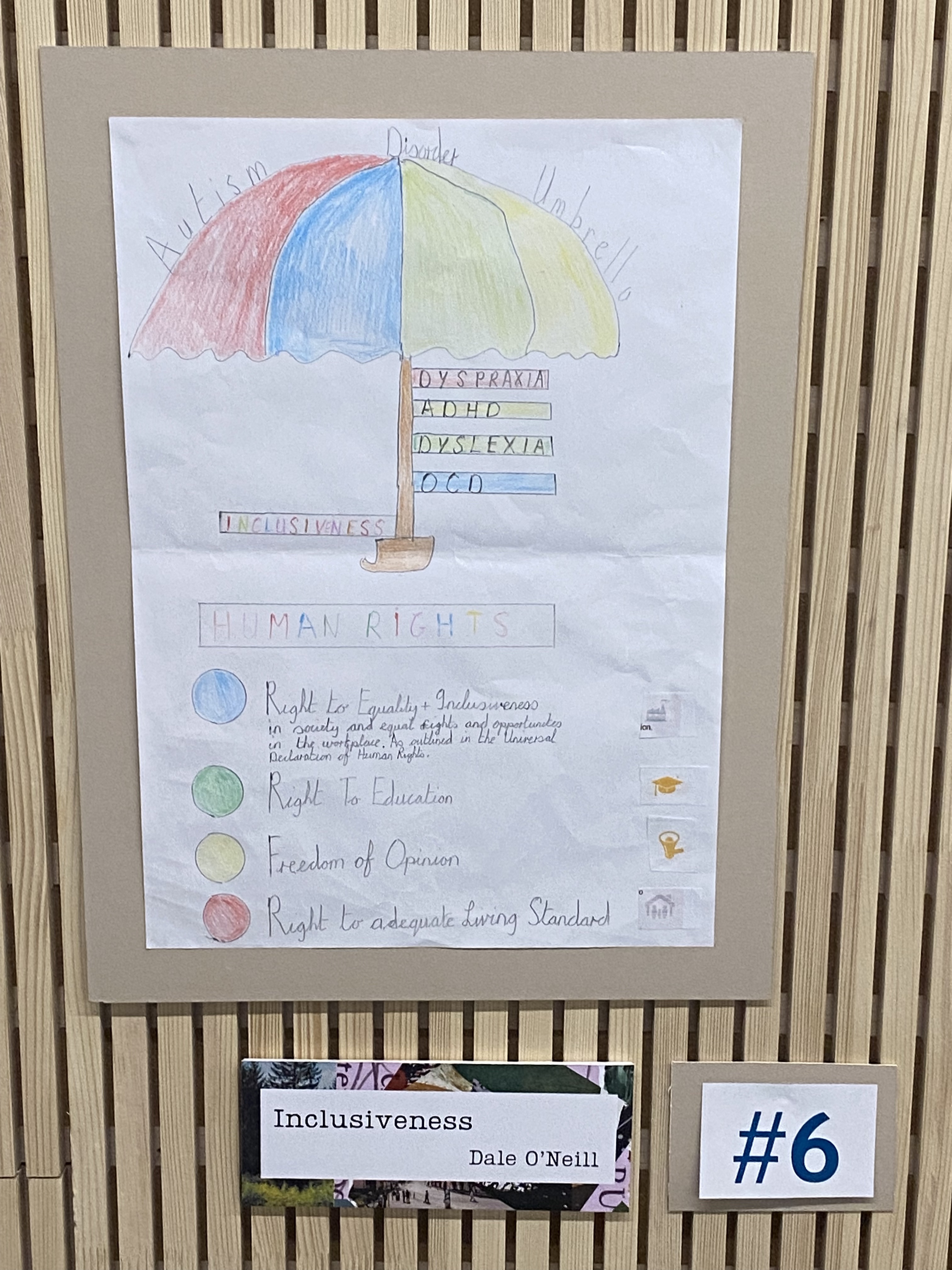 In this drawing there is an umbrella. The unbrella is sectioned into four colurs; red, blue, green, and yellow. The are words above the umbrella; Autism, Disorder, and umbrella. Below the canopy of the umbrella are the words; Dyspraxia, ADAH, Dyslexia, and OCD. Below the umbrella are the words; Human Rights. Below this are 4 sentences, and there are circles at the beginning of each sentence. The circles are in different colours; blue, green, yellow, and red. The blue circles reads 'Right to equality + inclusiveness in society and equal rights and opportunities in the workplace. As outlined in the Universal Declaration of Human Rights'. The green circle reads 'Right to Education'. The yellow circle reads 'Freedom of Opinion'. The red circle reads 'Right to adequate Living Standard.'
